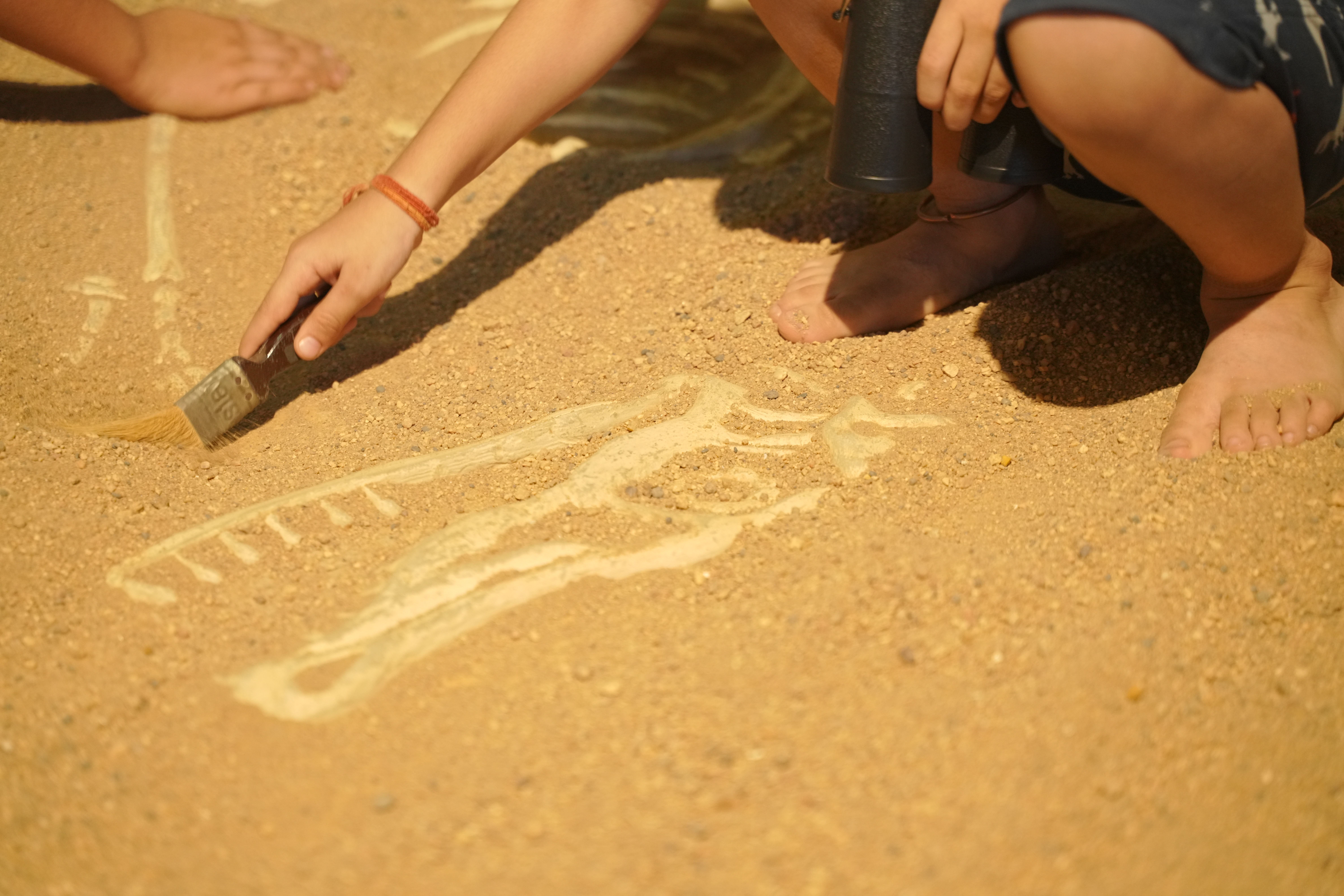 Two children brushing sand away from a fossil skeleton in the dig pit