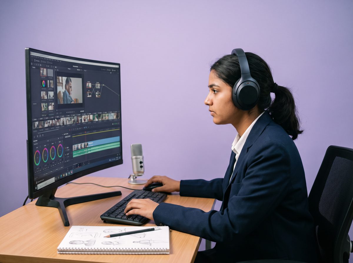 A student editing a short film on a timeline, storyboard sketches open on the desk