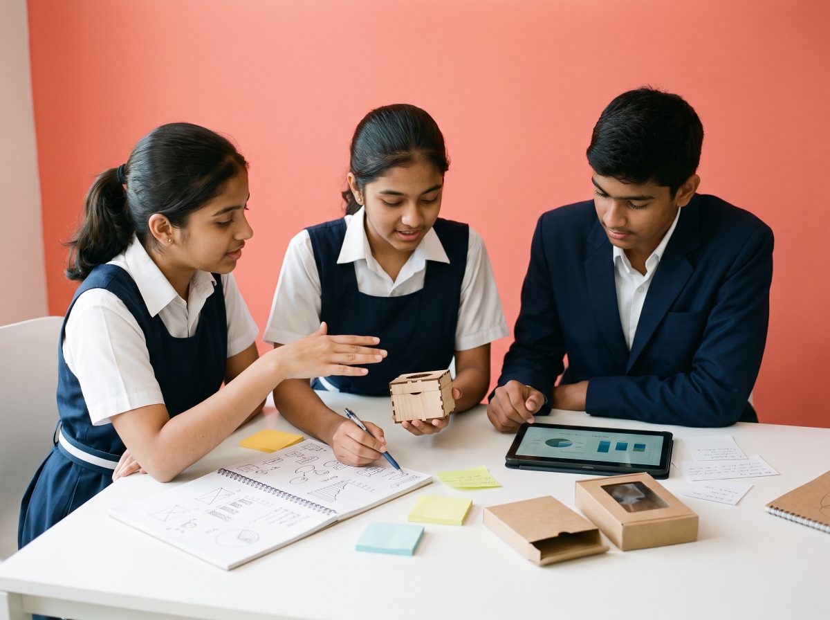 Three students working through product sketches, packaging samples and market data for a venture